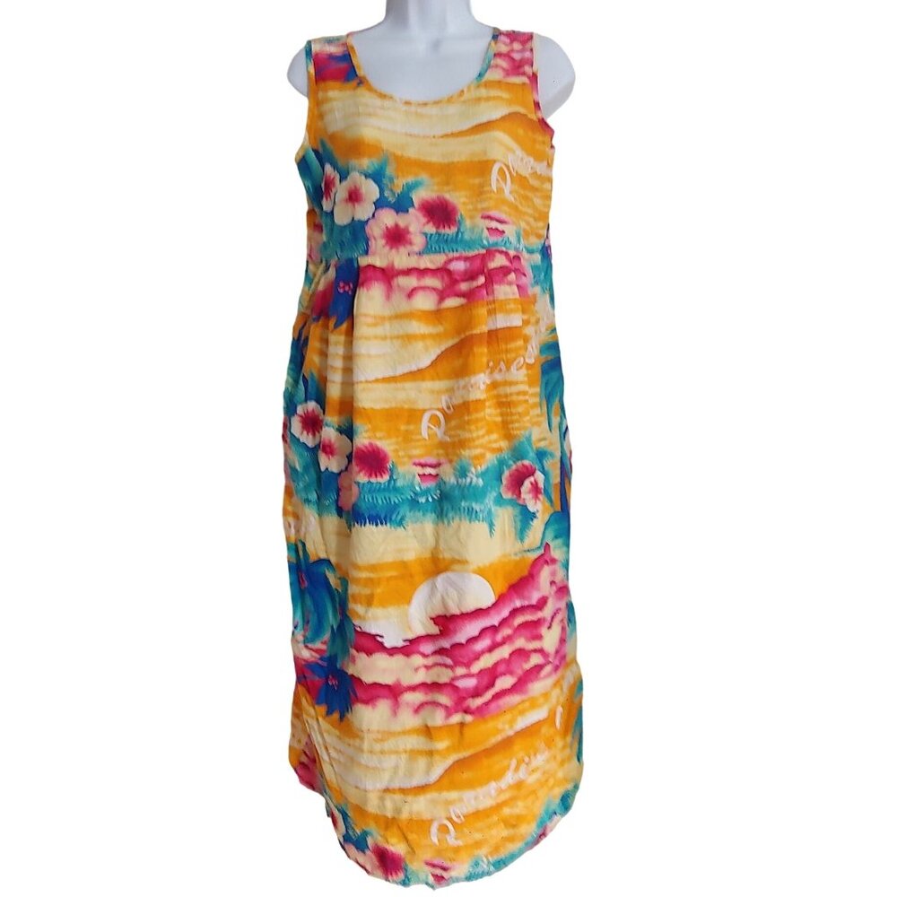 Jams World Hawaii Paradise Colorful Sleeveless Pockets Pleat Shirt Dress S